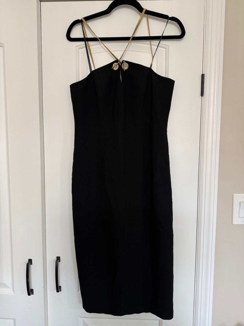 Elie Tahari Black Midi Slip Dress with Gold Straps